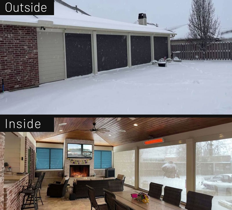 Patio protected from the snow and cold thanks to motorized screens