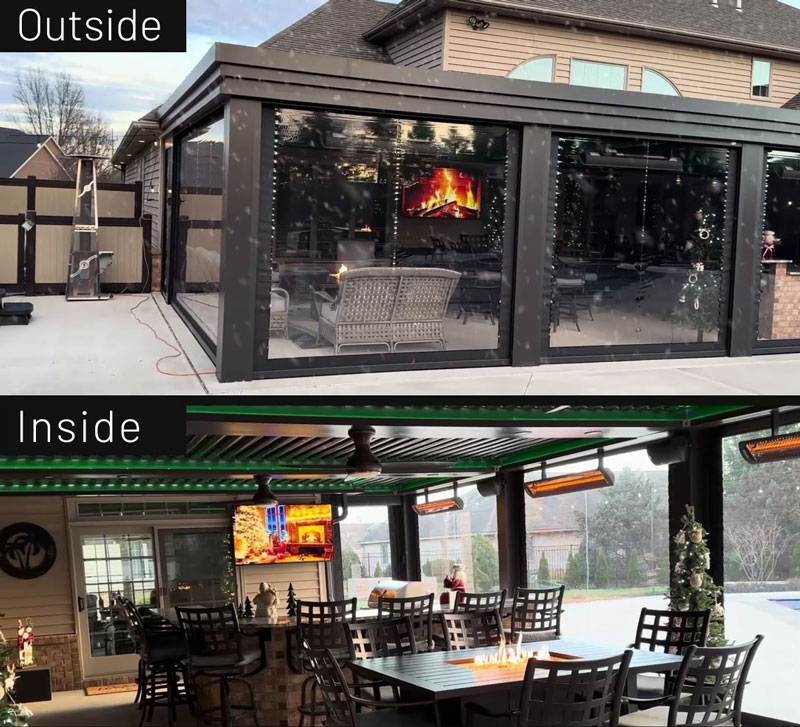 Patio protected from the snow and cold thanks to motorized screens